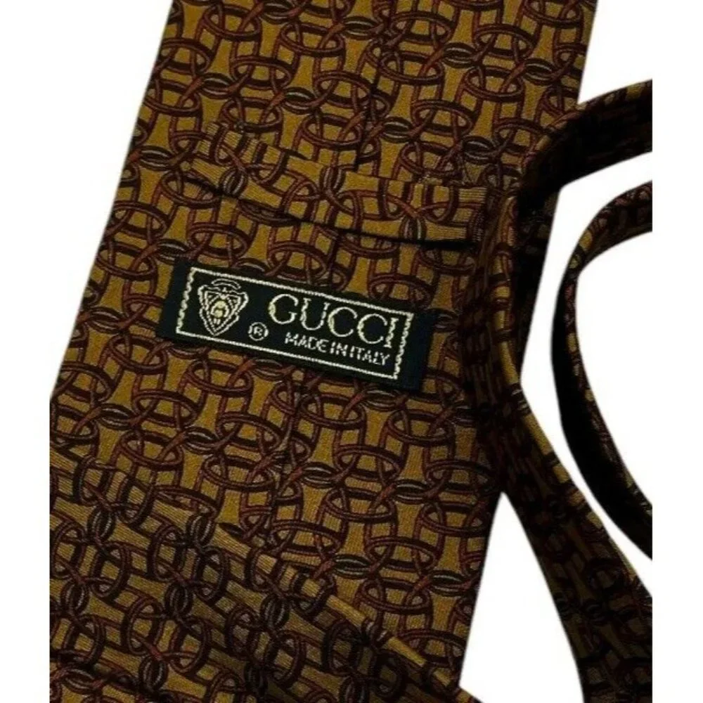 GUCCI Men's 100% Silk Necktie LUXURY Tie Brown Equestrian W:3.6" EUC - Picture 2 of 5